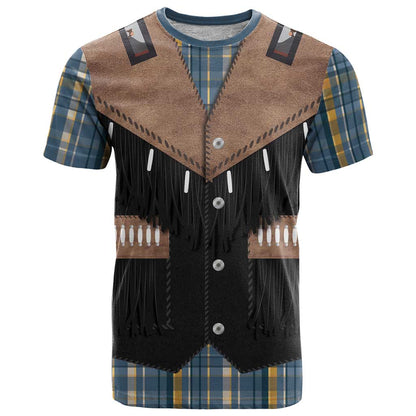 Western Cowboy Vest Style T-Shirt Blue Yellow Plaid Pattern Graphic Tee