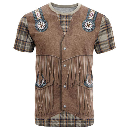 Retro Brown Beige Plaid T-Shirt Western Cowboy Vest Costume Graphic Tee