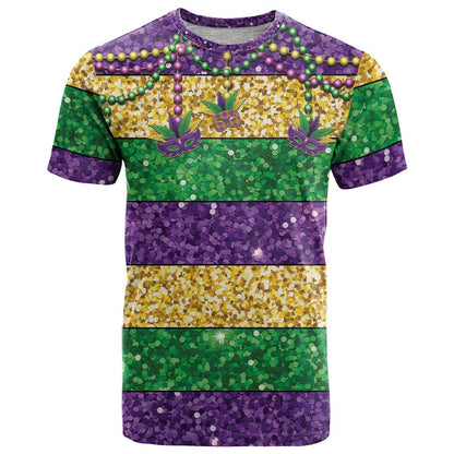 Mardi Gras Stripes T-Shirt Carnival Beads & Masks Graphic Tee