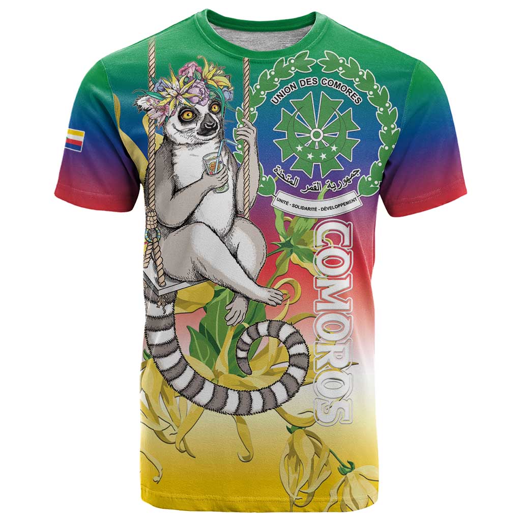 Comoros Mongoose Lemur T-Shirt Coat Of Arms With Ylang Ylang Graphic Tee