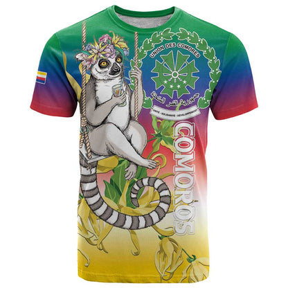 Comoros Mongoose Lemur T-Shirt Coat Of Arms With Ylang Ylang Graphic Tee