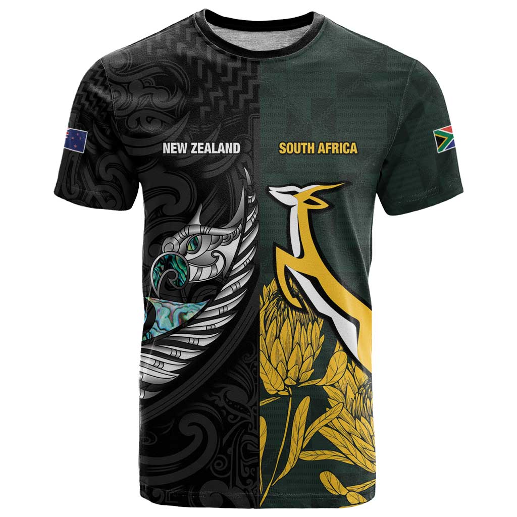 New Zealand and South Africa Rugby Custom T-Shirt Silver Fern With Springboks Graphic Tee