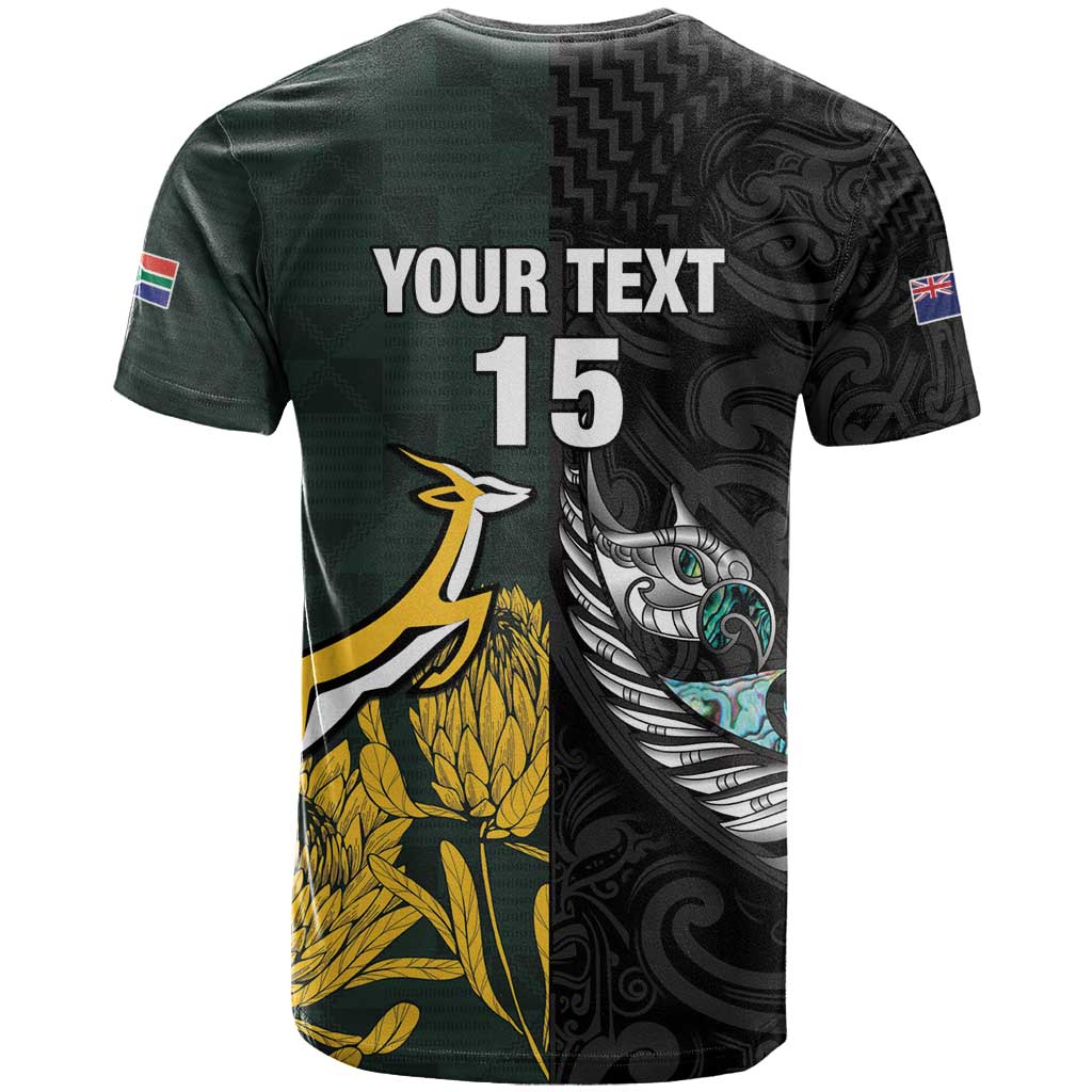 New Zealand and South Africa Rugby Custom T-Shirt Silver Fern With Springboks Graphic Tee
