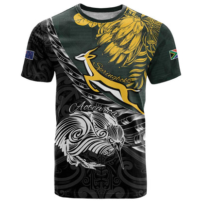 New Zealand and South Africa Rugby Personalised T-Shirt Maori Kiwi With Springboks Graphic Tee
