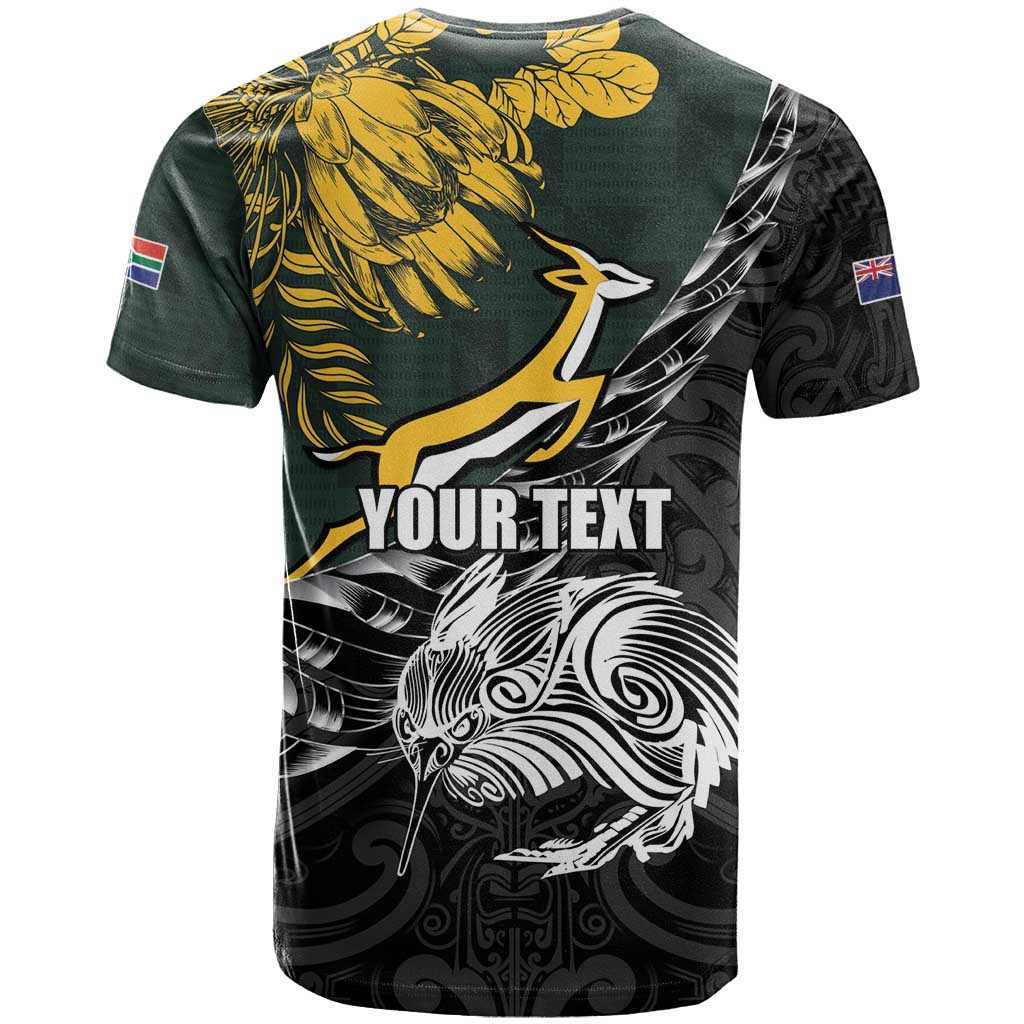 New Zealand and South Africa Rugby Personalised T-Shirt Maori Kiwi With Springboks Graphic Tee