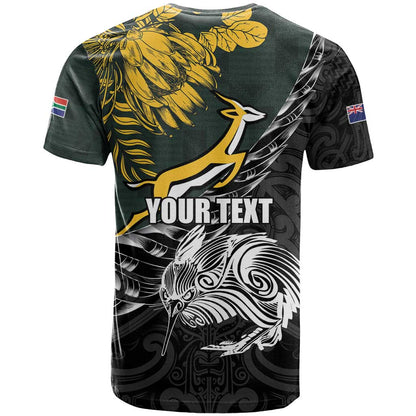 New Zealand and South Africa Rugby Personalised T-Shirt Maori Kiwi With Springboks Graphic Tee