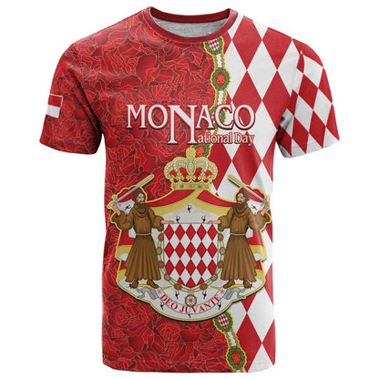 Monaco National Day T-Shirt Coat Of Arms Mix Red Carnation Pattern Graphic Tee