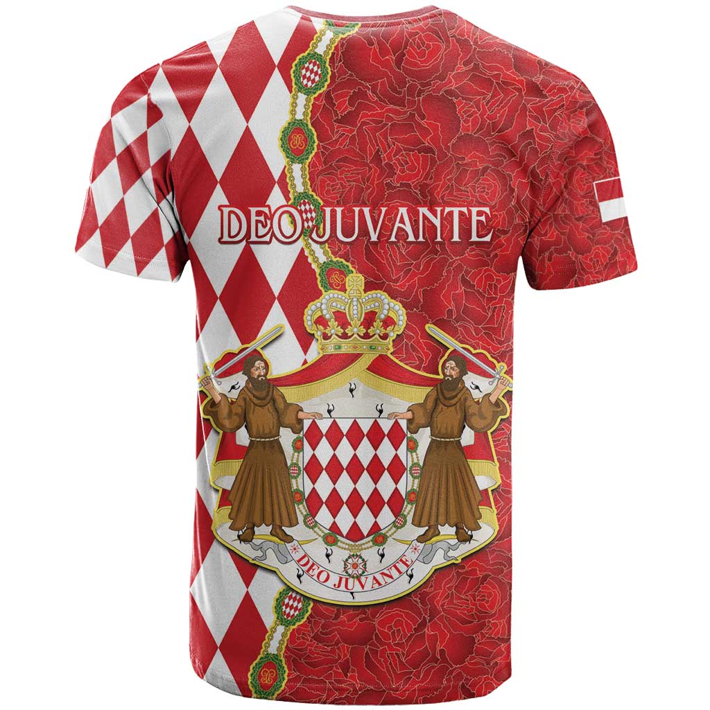 Monaco National Day T-Shirt Coat Of Arms Mix Red Carnation Pattern Graphic Tee