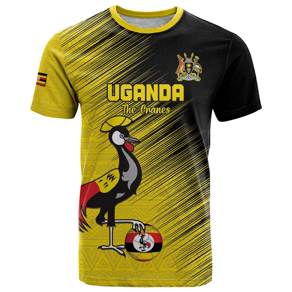 Custom Uganda Football T-Shirt Black Crowned Crane Mix Grunge Style - Yellow Color Graphic Tee
