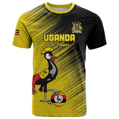 Custom Uganda Football T-Shirt Black Crowned Crane Mix Grunge Style - Yellow Color Graphic Tee