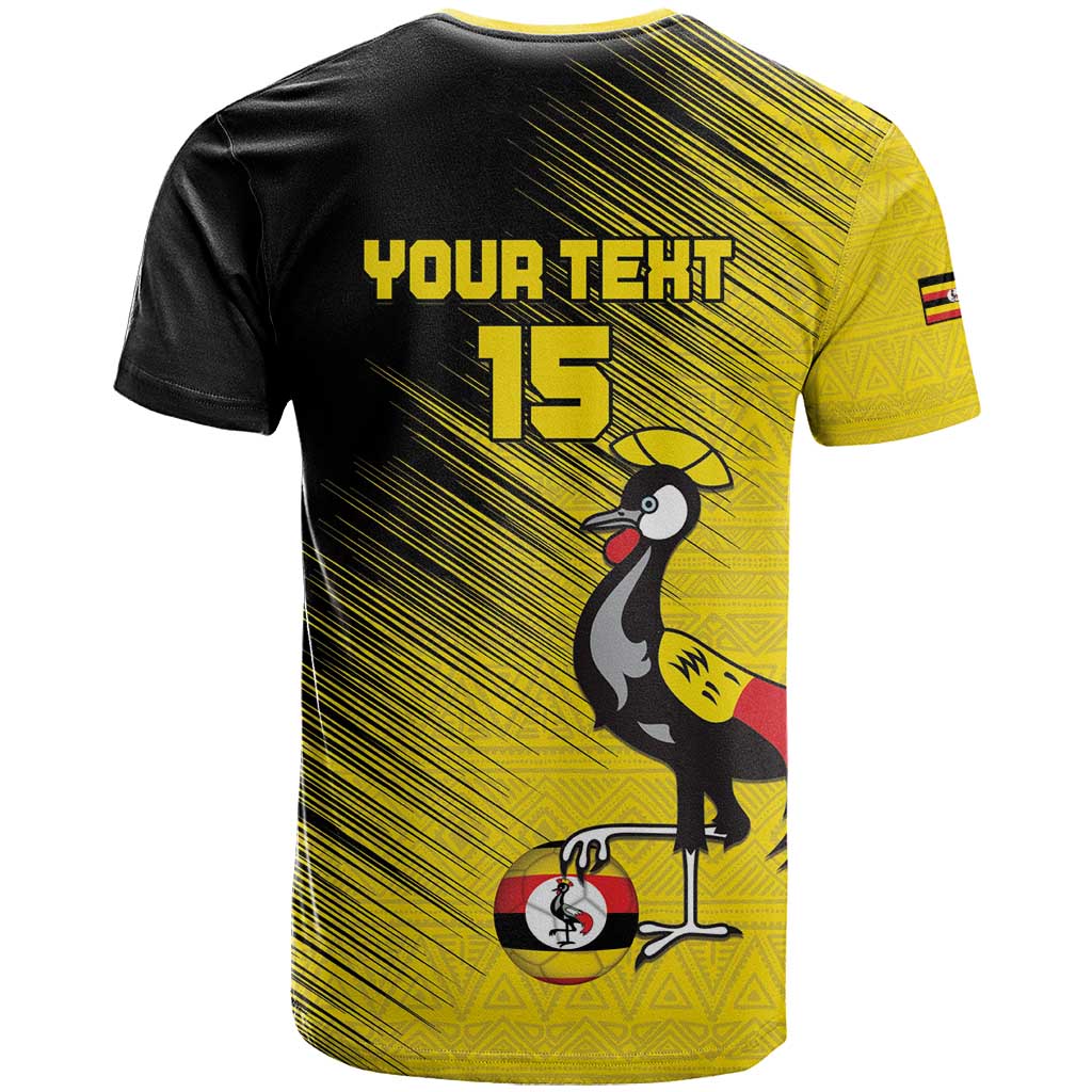Custom Uganda Football T-Shirt Black Crowned Crane Mix Grunge Style - Yellow Color Graphic Tee