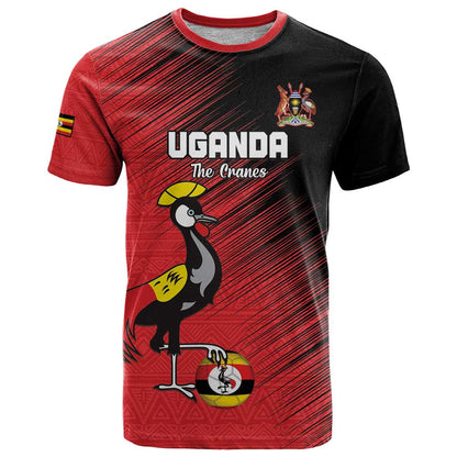 Custom Uganda Football T-Shirt Black Crowned Crane Mix Grunge Style - Red Color Graphic Tee
