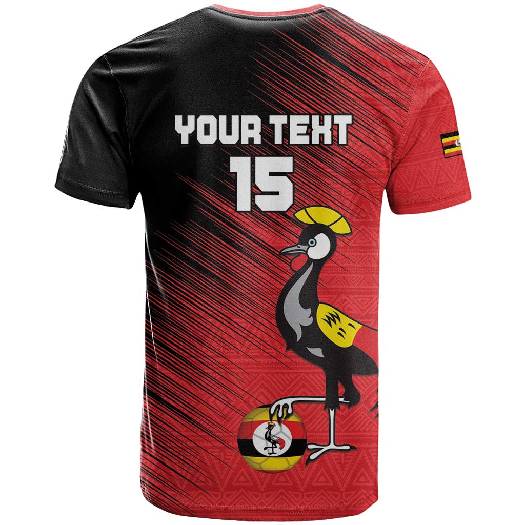 Custom Uganda Football T-Shirt Black Crowned Crane Mix Grunge Style - Red Color Graphic Tee