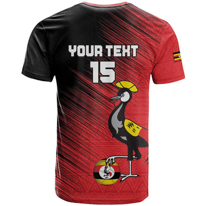 Custom Uganda Football T-Shirt Black Crowned Crane Mix Grunge Style - Red Color Graphic Tee