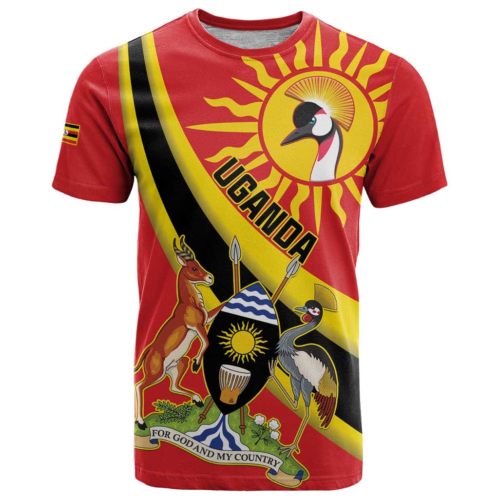 Personalized Uganda T-Shirt Black Crowned Crane With Coat Of Arms Graphic Tee
