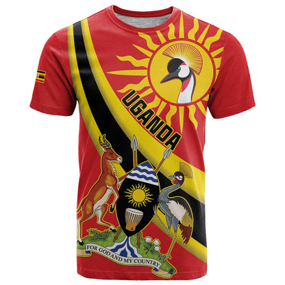 Personalized Uganda T-Shirt Black Crowned Crane With Coat Of Arms Graphic Tee