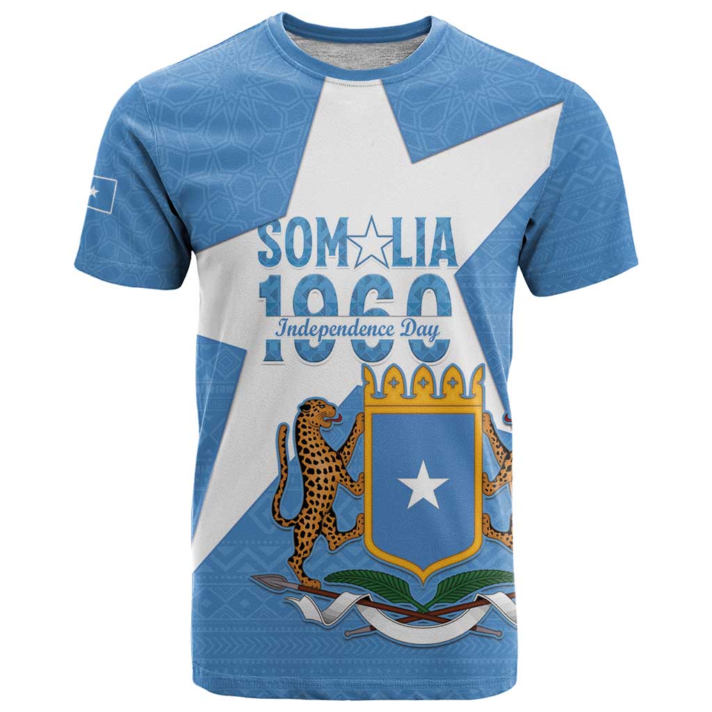Personalized Somalia 1960 Independence Day T-Shirt Coat Of Arms Islamic Mix African Pattern Graphic Tee