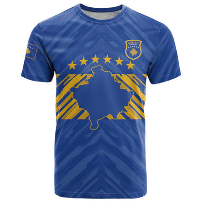 Custom Kosovo Football 2026 T-Shirt Rising Nation Blue Gold Graphic Tee