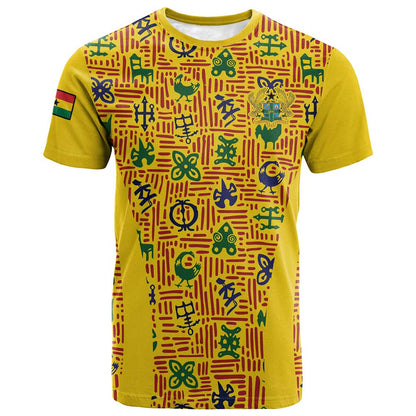 Custom Ghana Football T-Shirt Yellow Adinkra Pattern Graphic Tee