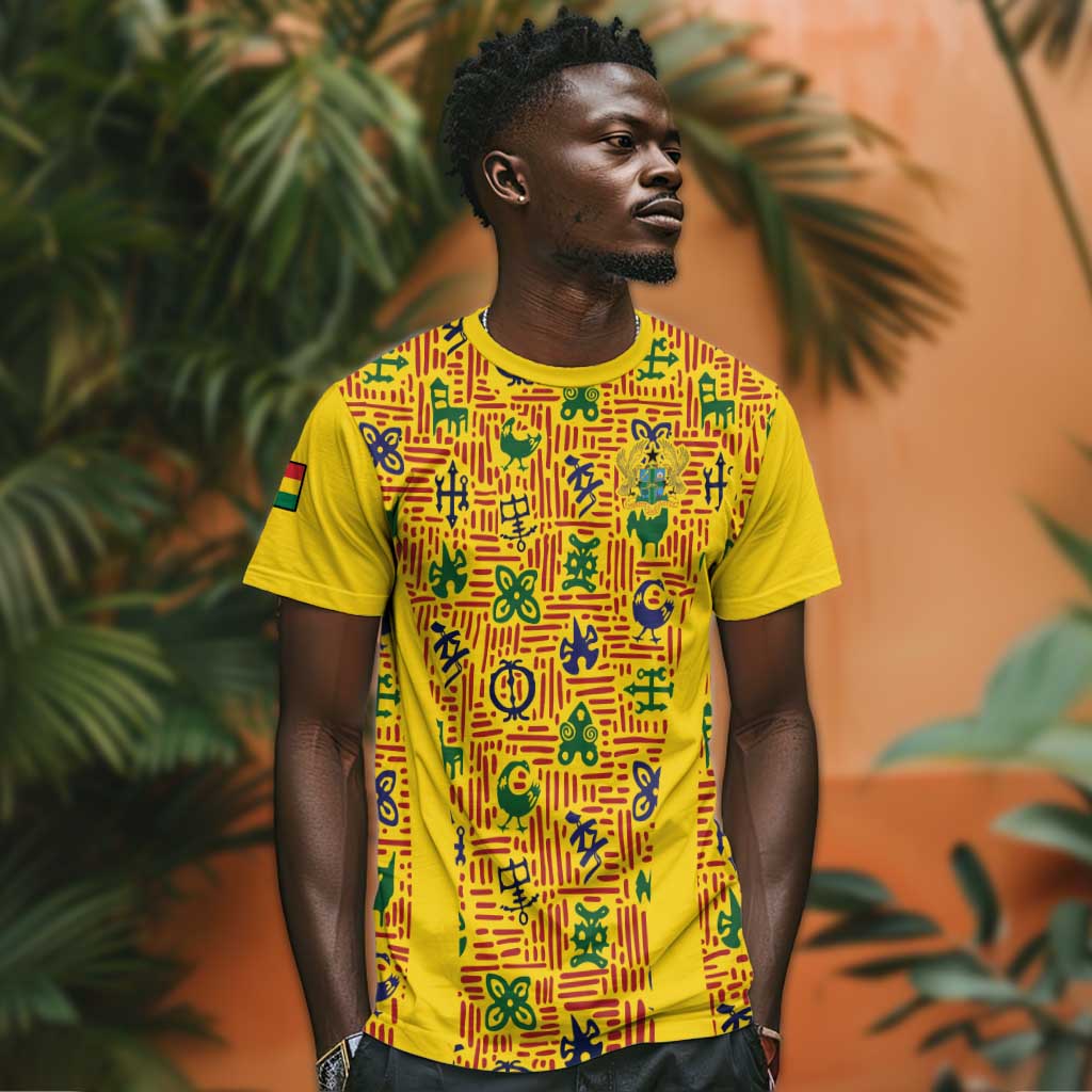 Custom Ghana Football T-Shirt Yellow Adinkra Pattern Graphic Tee