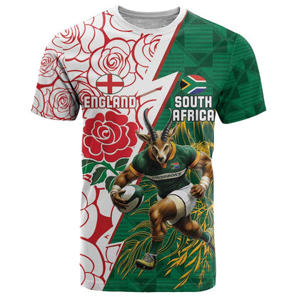 Personalized South Africa and England Rugby T-Shirt Springboks Mascot With Red Rose Graphic Tee