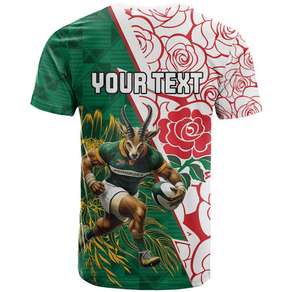 Personalized South Africa and England Rugby T-Shirt Springboks Mascot With Red Rose Graphic Tee