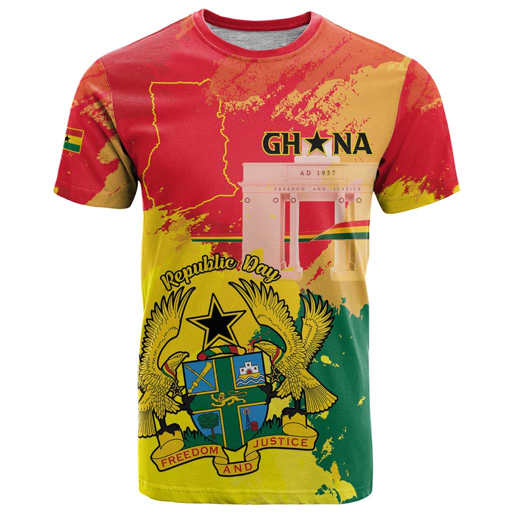Personalized Ghana Republic Day T-Shirt Black Star Square With Coat Of Arms Graphic Tee
