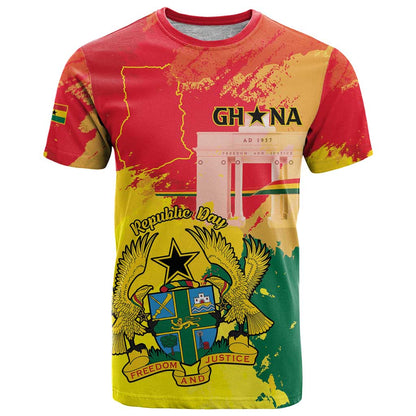 Personalized Ghana Republic Day T-Shirt Black Star Square With Coat Of Arms Graphic Tee