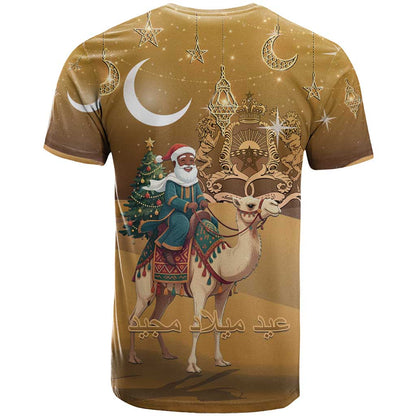 Morocco Christmas in Sahara T-Shirt Black Santa Riding Camel Graphic Tee