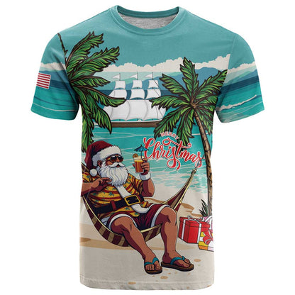 Liberia Christmas T-Shirt Santa Chill on Tropical Beach Graphic Tee