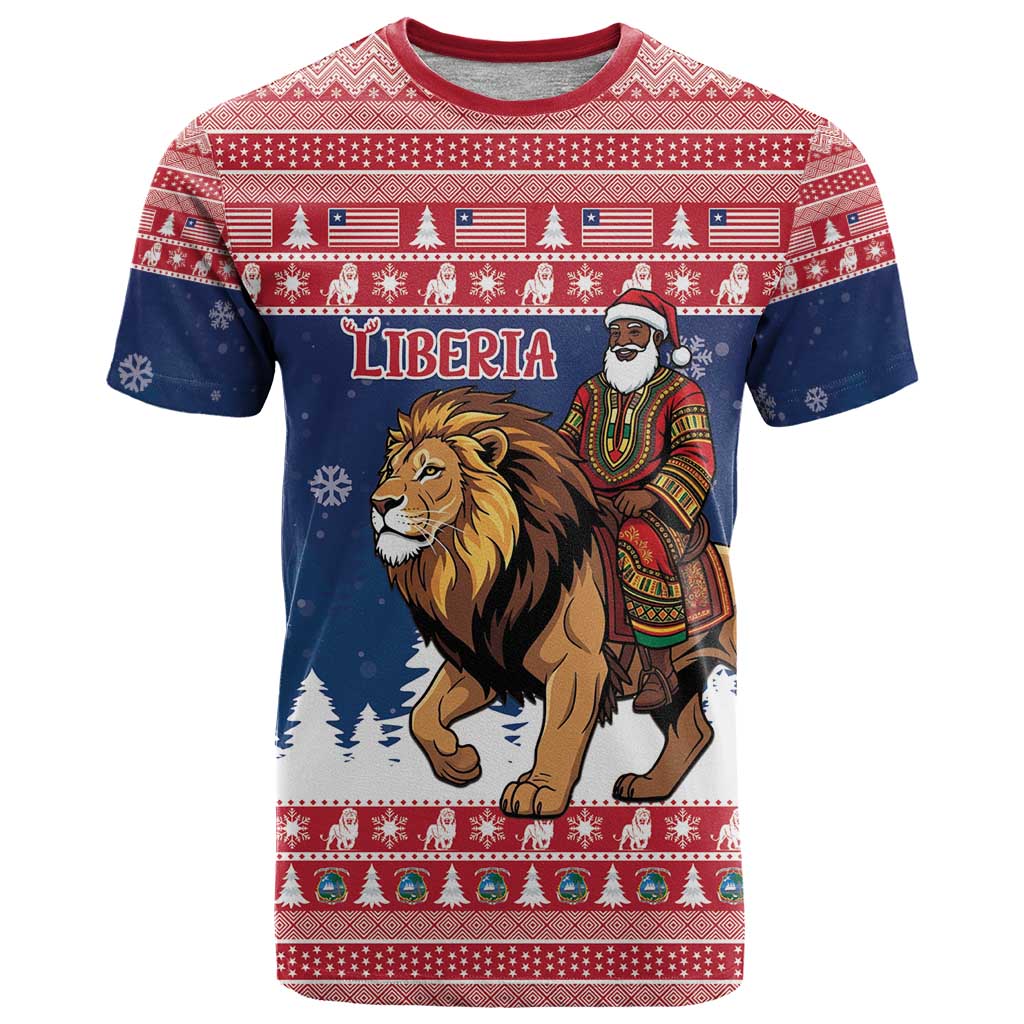 Personalized Liberia Christmas T-Shirt Black Santa Riding Lion - Merry Christmas Graphic Tee