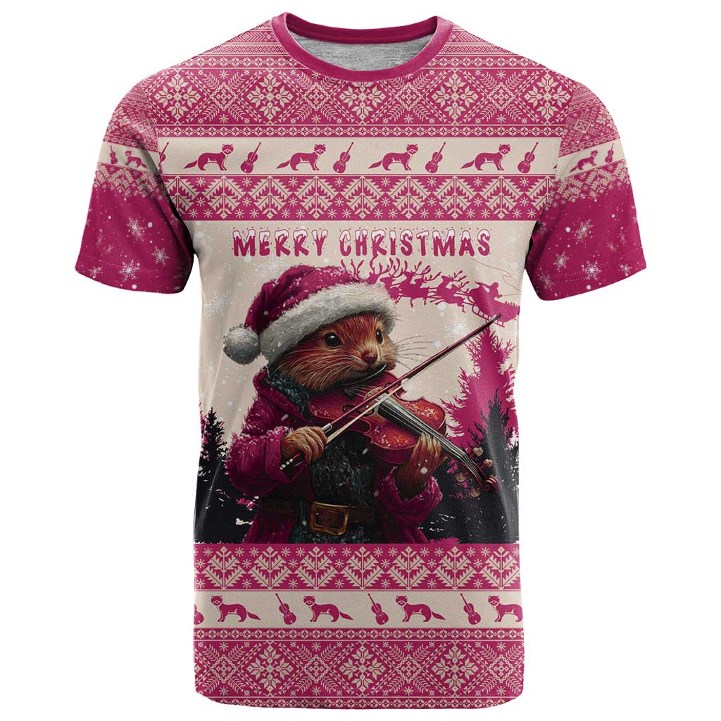 Croatia Christmas T-Shirt Pine Marten Playing Violin - Dark Pink Color Graphic Tee