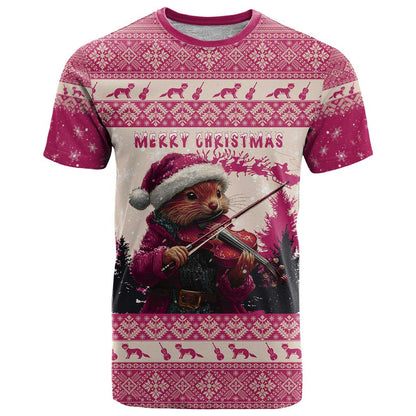 Croatia Christmas T-Shirt Pine Marten Playing Violin - Dark Pink Color Graphic Tee