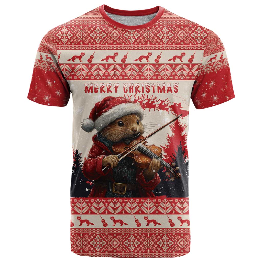 Croatia Christmas T-Shirt Pine Marten Playing Violin - Red Color Graphic Tee