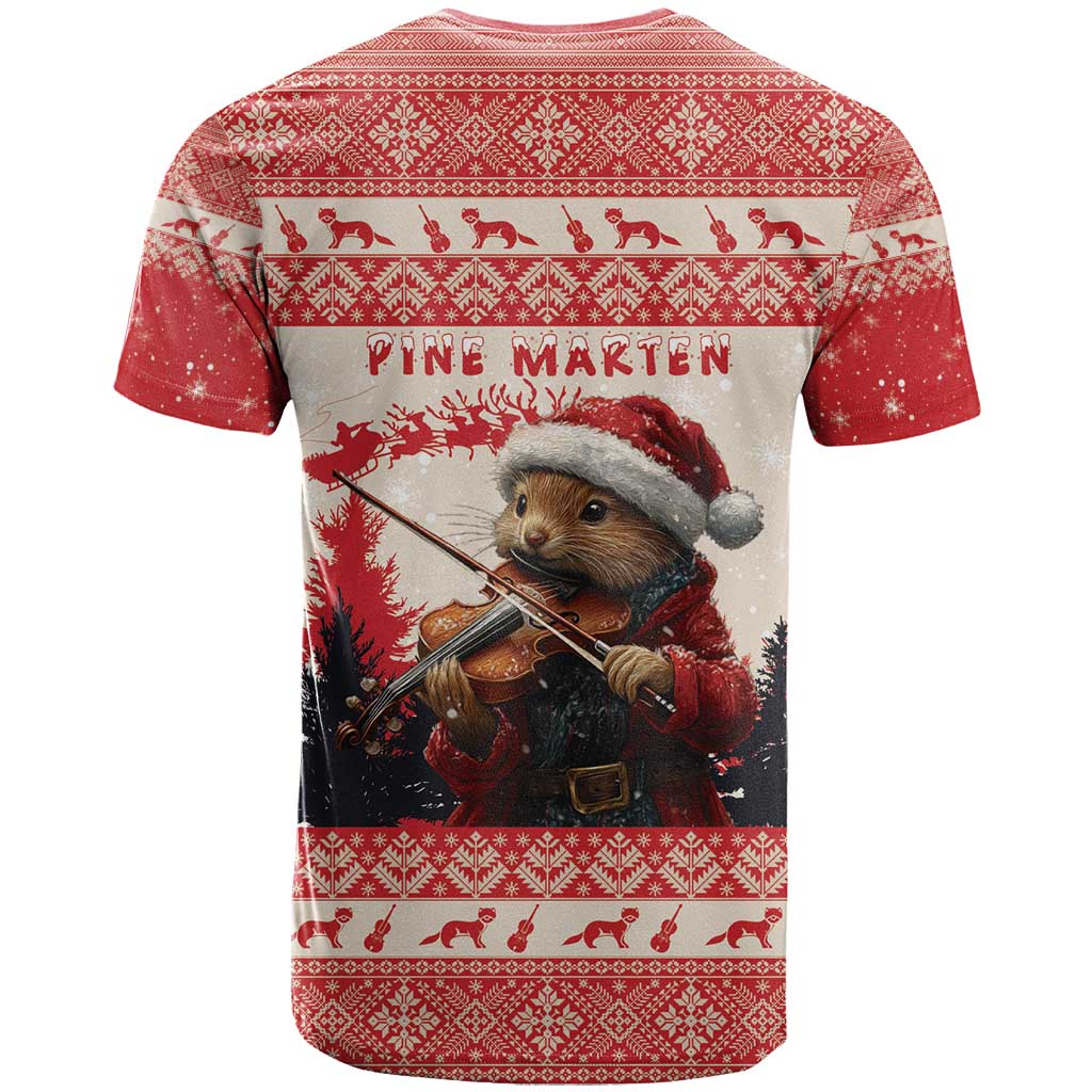 Croatia Christmas T-Shirt Pine Marten Playing Violin - Red Color Graphic Tee