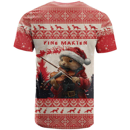 Croatia Christmas T-Shirt Pine Marten Playing Violin - Red Color Graphic Tee