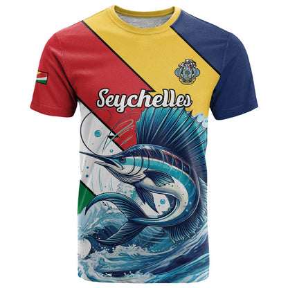 Personalised Seychelles Sailfish T-Shirt With Coat Of Arms Graphic Tee