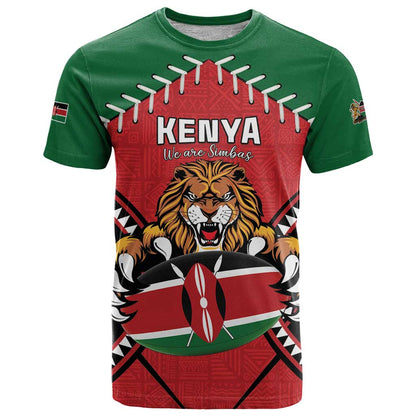 Custom Kenya Rugby T-Shirt Lion Mascot African Pattern Graphic Tee