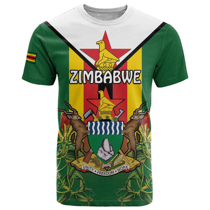 Personalised Zimbabwe Independence Day T-Shirt Gloriosa Flower - Flag Style Graphic Tee