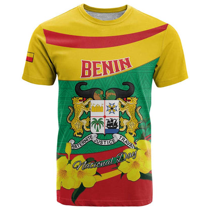 Personalised Benin National Day T-Shirt Coat Of Arms Yellow Allamanda Graphic Tee