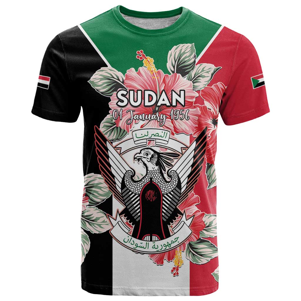 Personalised Sudan Independence Day T-Shirt Coat Of Arms Mix Hisbicus Graphic Tee