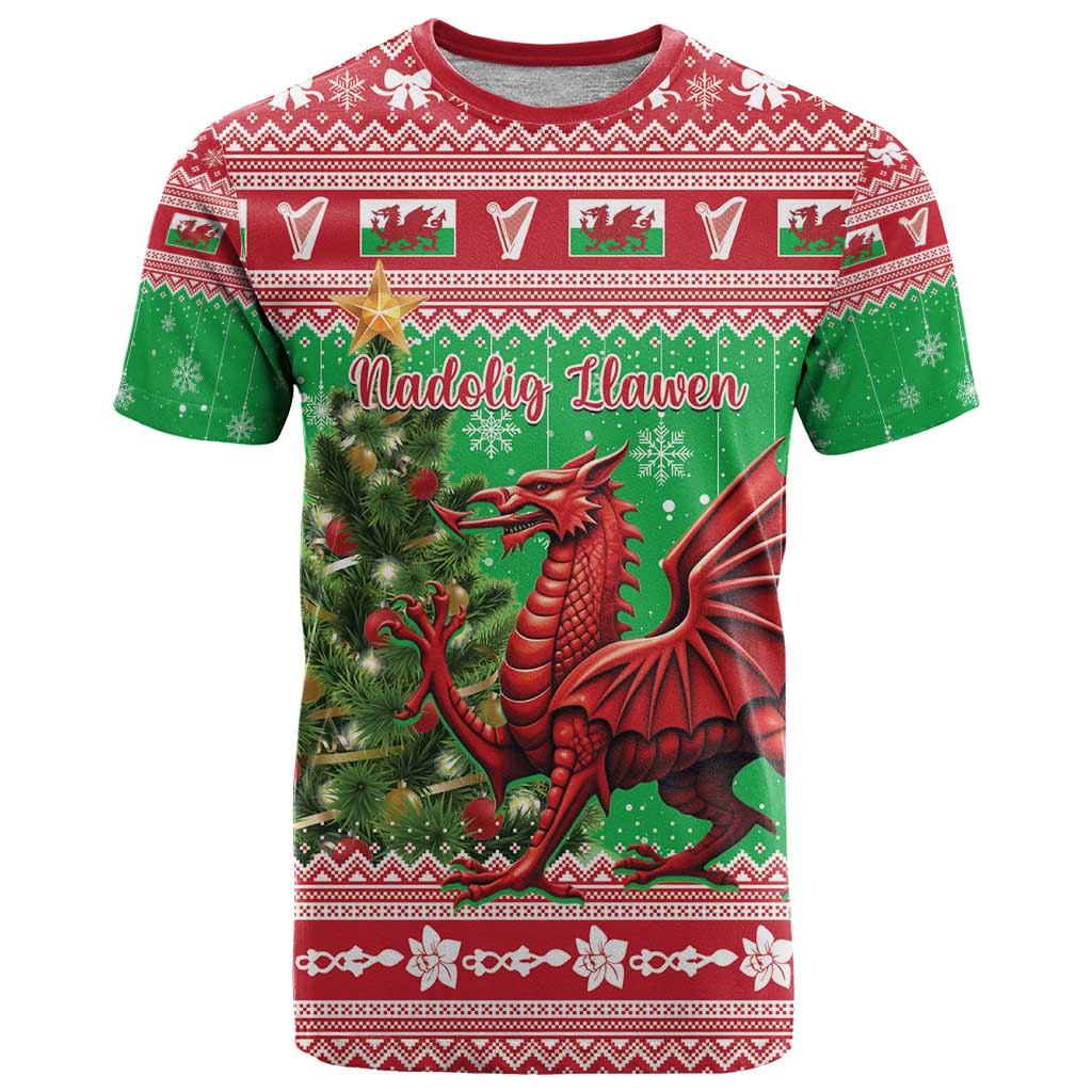 Wales Christmas T-Shirt Welsh Dragon Nadolig Llawen Graphic Tee