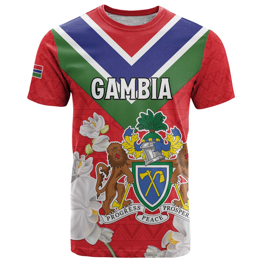 Personalized Gambia T-Shirt Coat Of Arms White Variety Orchid Graphic Tee