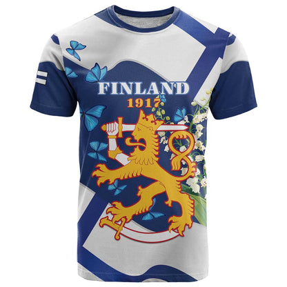 Personalised Finland Independence Day T-Shirt Lily Of The Valley Mix Holly Blue - Coat Of Arms Style Graphic Tee