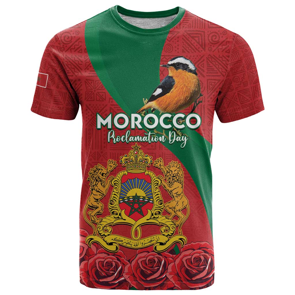 Personalised Morocco Proclamation Day T-Shirt Moussier's Redstart With Coat Of Arms Graphic Tee