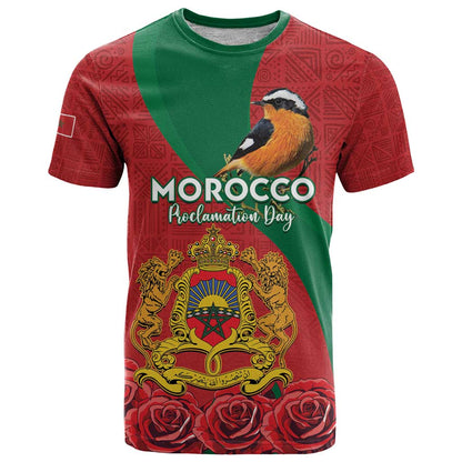 Personalised Morocco Proclamation Day T-Shirt Moussier's Redstart With Coat Of Arms Graphic Tee