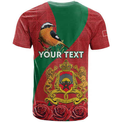 Personalised Morocco Proclamation Day T-Shirt Moussier's Redstart With Coat Of Arms Graphic Tee