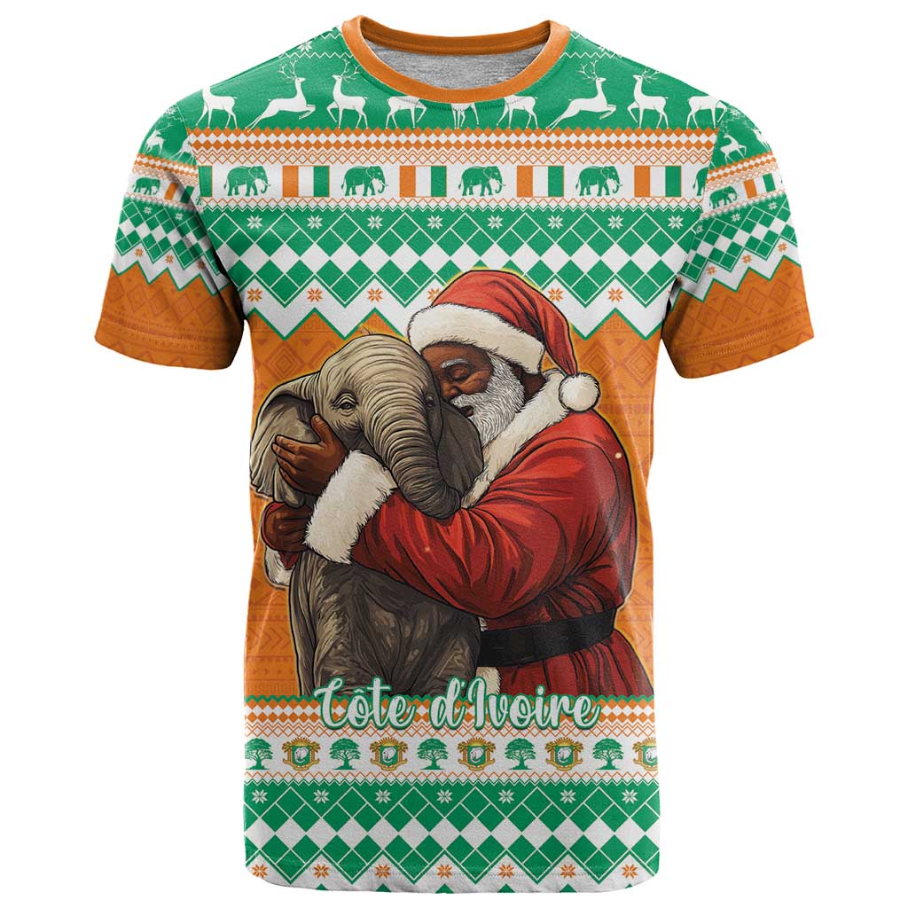 Ivory Coast Christmas T-Shirt Black Santa With Forest Elephant Graphic Tee