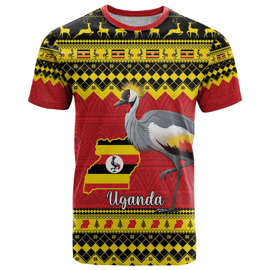 Uganda Christmas T-Shirt Grey Crowned Crane With Flag Map Graphic Tee