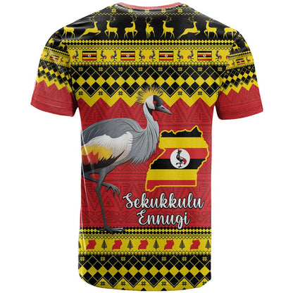 Uganda Christmas T-Shirt Grey Crowned Crane With Flag Map Graphic Tee